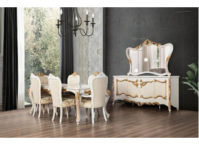Komplett Set Iessdësch + 6 Still Iesszëmmer Iess Grupp Holz Anrichte+Spigel 9 Stéck