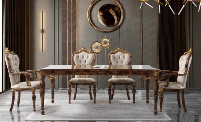 Klassesch Iessgrupp Iessplaz Iesszëmmer Iessdësch Holz Set 7-stéck Braun Dësch