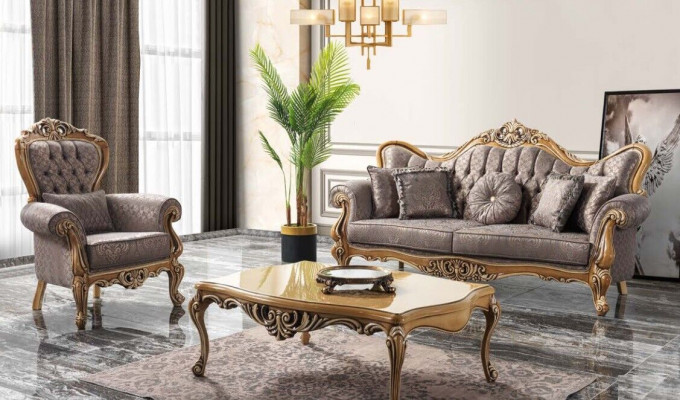 Chesterfield Sofagarnitur Dräisëtzer Sessell Stoff Dësch Grä Sofa