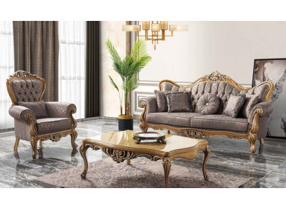 Chesterfield Sofagarnitur Dräisëtzer Sessell Stoff Dësch Grä Sofa
