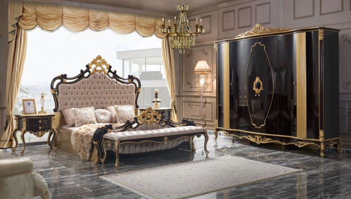 Chesterfield Luxus Schlofzëmmer Set Bett Duebelbett 5tlg Schwaarz