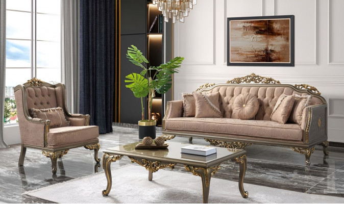 Chesterfield Sofagarnitur Drësétzer Sessel Stoff Couchtësch Beige Nei