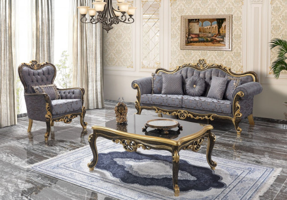 Chesterfield Sofa-Garnitur Polstersofa Sofa Blo Dräisëtzer Fautteuil Set