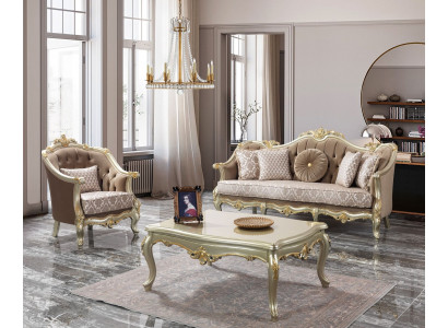 Stoffcouch Polstercouch Garnitur Sofagarnitur Beige Chesterfield Set
