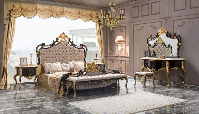 Duebelbett Garnitur Chesterfield Luxus Schlofzëmmer Bett 6tlg Schwaarz Better
