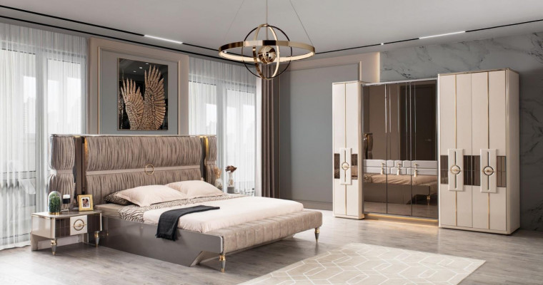 Modern Garnitur Duebelbett Bett Beige Holz Luxus Schlofzëmmer Set 4tlg