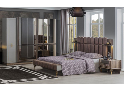 Schlofzëmmer Garnitur Luxus Duebelbett Holz Brong Stoff Bett Set 4tlg