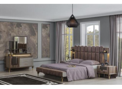 Duebelbett Garnitur Luxus Schlofzëmmer Holz Braun Stoff Bett Set 4tlg