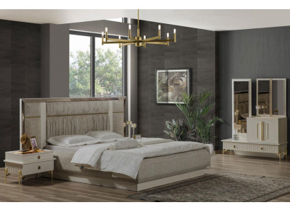 Schlofzëmmer Duebelbett Garnitur Holz Beige Stoff Nuetsdëscher Set 3 Deeler