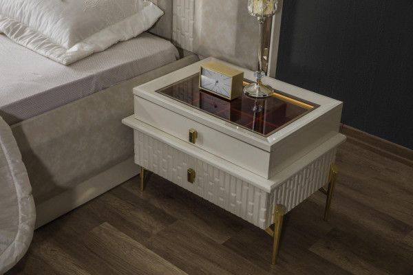 Schlofzëmmer Duebelbett Garnitur Holz Beige Stoff Nuetsdëscher Set 3 Deeler