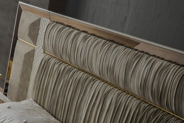 Schlofzëmmer Duebelbett Garnitur Holz Beige Stoff Nuetsdëscher Set 3 Deeler