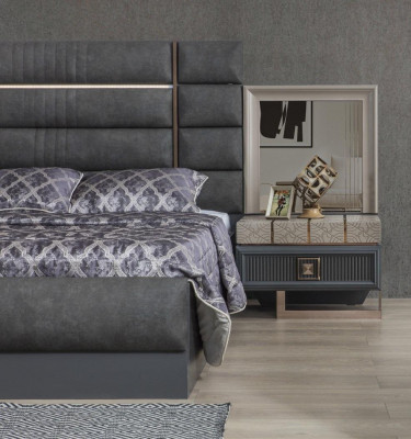 Schlofkummer Duebelbett Grouw Garnitur Set 4 Deeler Modern Bett Nuetsdëscheren