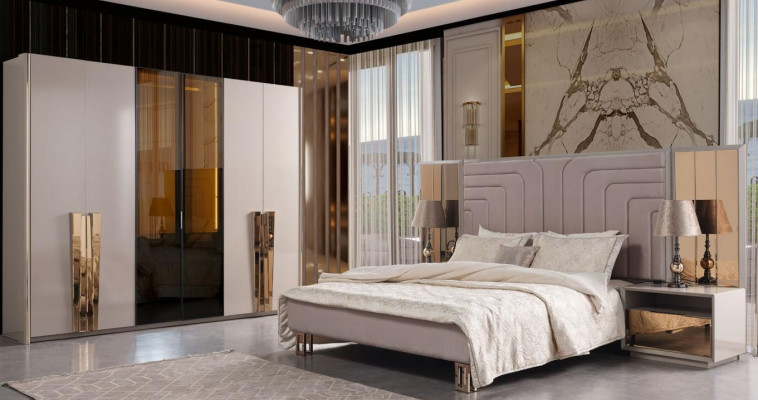 Garnitur Duebellitsbett Bett Beech Holz Luxus Modern Schlofzëmmer Set 3 Deeler