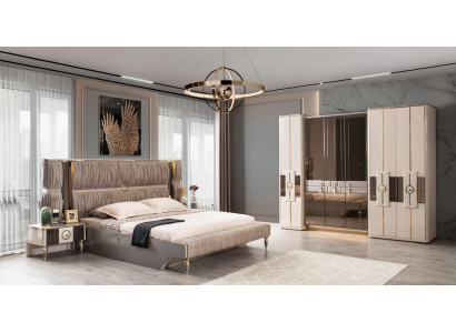 Luxus-Duebelbett Garnitur Bett Beige Holz Modern Schlofzëmmer Set 3 Deeler
