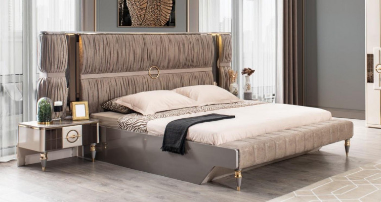 Luxus-Duebelbett Garnitur Bett Beige Holz Modern Schlofzëmmer Set 3 Deeler