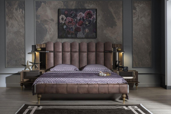 Komplett Schlofzëmmersmiwwel Duebelbett Braun Stoft Bett Set 3-deeleg Nuetsdëscher
