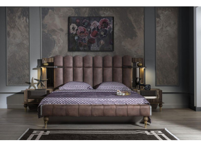 Komplett Schlofzëmmersmiwwel Duebelbett Braun Stoft Bett Set 3-deeleg Nuetsdëscher