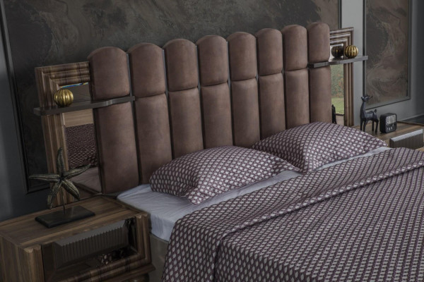 Komplett Schlofzëmmersmiwwel Duebelbett Braun Stoft Bett Set 3-deeleg Nuetsdëscher