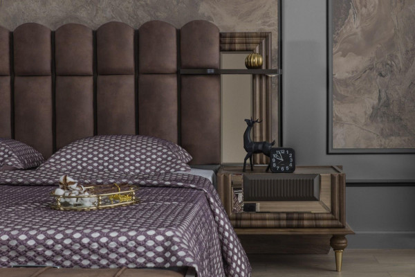 Komplett Schlofzëmmersmiwwel Duebelbett Braun Stoft Bett Set 3-deeleg Nuetsdëscher