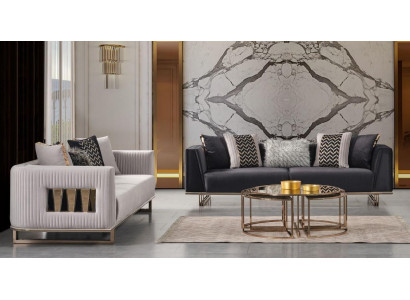 Modern Dräisëtzer Stoffcouch Set a gro bloen Design, Set mat 2 Deeler.