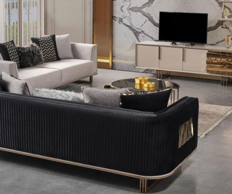 Modern Dräisëtzer Stoffcouch Set a gro bloen Design, Set mat 2 Deeler.