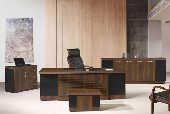 Büroschapp, Büro Miwwel, Komplettbüro Schreifdësch Set, 4 Deeler Holz, Braun Büro.