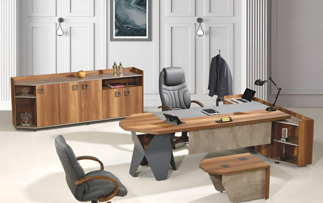 Komplett Büro Schreifdësch Büro Dësch Set 4-Deel hëlze brong Kommoud grouss