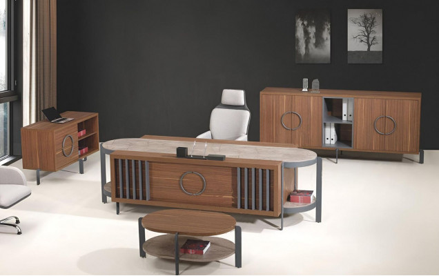 Schreibtisch Grupp Set Büro Schreifdësch Set 4 Deeler Holz Brong Kommode Grouss