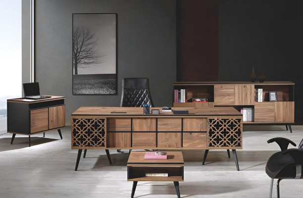 Bürosdësch Aarbechtszëmmermiwwelen Komplettbüro Schreifdësch 4 Deeler Holz Braun