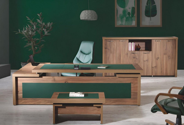 Kompletten Büro Eckbüroschreiwtës Schreiwtës Set 3 Stécker Holz Brong Luxus Grouss