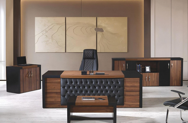 Aarbechtszëmmermiwwelen Büro Schreifdësch Büro Dësch Set 4 Deeler Holz Brong