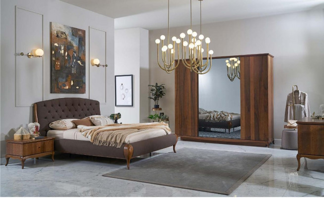 Duebelbett Komplett Schlofzëmmer Bett Set 4tlg Bettgestell Braun 180