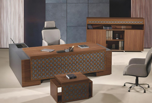 Eckbüroschreif Komplette Büro Schreifdësch Set 3tlg Holz Braun Bürosmiwwelen
