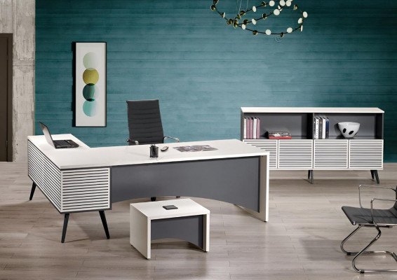 Eckbürosdësch Komplett Büro Bürosdësch Set 3 Deeler Holz Bürosmiwwelen Wäiss Nei
