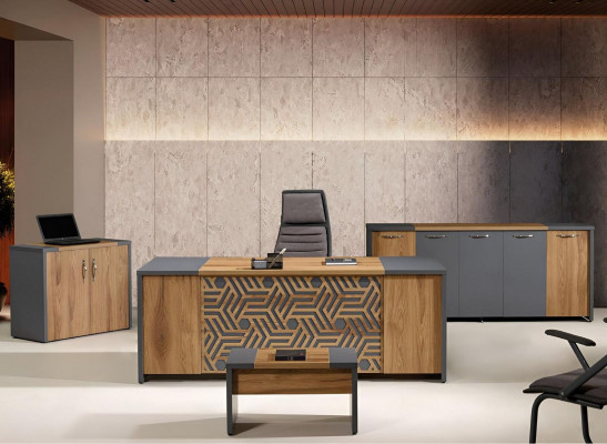 Büroschafsmëbel Komplettbüro Schreifdësch Set 4 Deeler Holz Braun