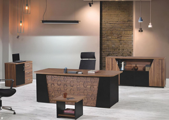 Kommoud Büro Schreifdësch Bürodësch Set 4-Stéck Holz Bürosmiwwel Brong