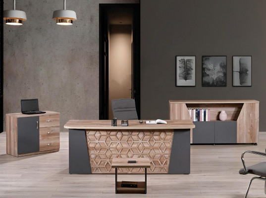 Komplettbüro Büromiwwel Schreifdësch Büro Büro-Dësch Set 4tlg Holz Braun