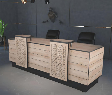 Receptioun Empfangstresen Empfangsdesk Büro Hotel Holz Braun Dësch