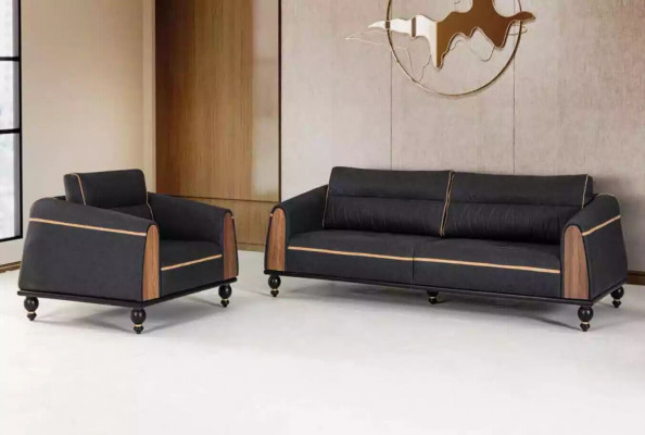 Schwaarzt Sofa Set Moderne Garnitur Drësëtzer Sessell Stoffmiwwelen 2-Deelersatz.