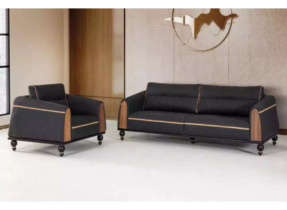 Schwaarzt Sofa Set Moderne Garnitur Drësëtzer Sessell Stoffmiwwelen 2-Deelersatz.