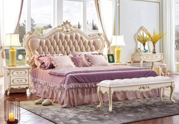 Schlofzëmmer Set Chesterfield Bett 2x Nolueden klassesch Miwwelen 3 Deeler