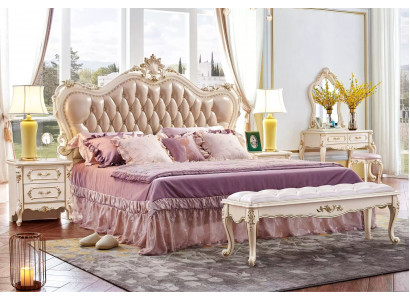 Schlofzëmmer Set Chesterfield Bett 2x Nolueden klassesch Miwwelen 3 Deeler