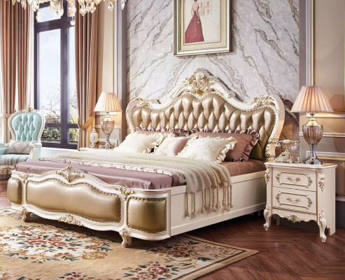 Klassesche Luxus-Schlofzëmmer-Set Luxus 3 Deeler Bett + 2x Nuetsdëscher nei