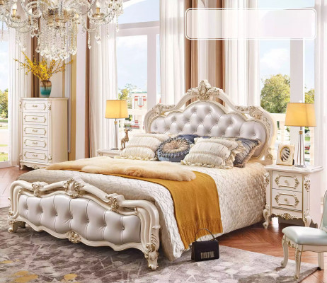 Schlofzëmmer Set chesterfield Bett + 2x Nuetsdësch Holz Luxus 3tlg Interieur