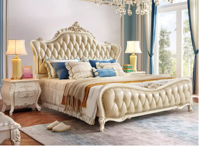 Schlofzëmmer Set klassesch Bett Chesterfield 2x Nuetsdëscher Massivholz 3-Stéck