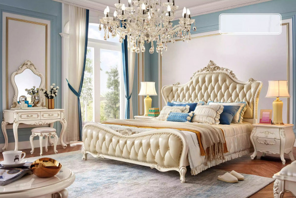 Schlofzëmmer Set klassesch Bett Chesterfield 2x Nuetsdëscher Massivholz 3-Stéck