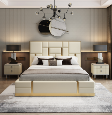 Wäisst Duebelbett Schlofzëmmer Luxus Holzgestell Designer Edelstolbett