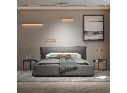 Grau Schlofzëmmer Bett Designer Duebelbett Holzgestell Neit Liederbett