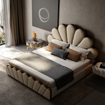 Modern beige Schlofkummerbett aus Konschtléder Duebelbett Designerbetter