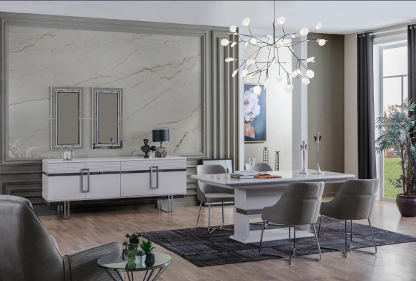 Design Iesszëmmer Set Iessdësch + 4x Still + Anrichte mat 2x Spigel 8 Deeler